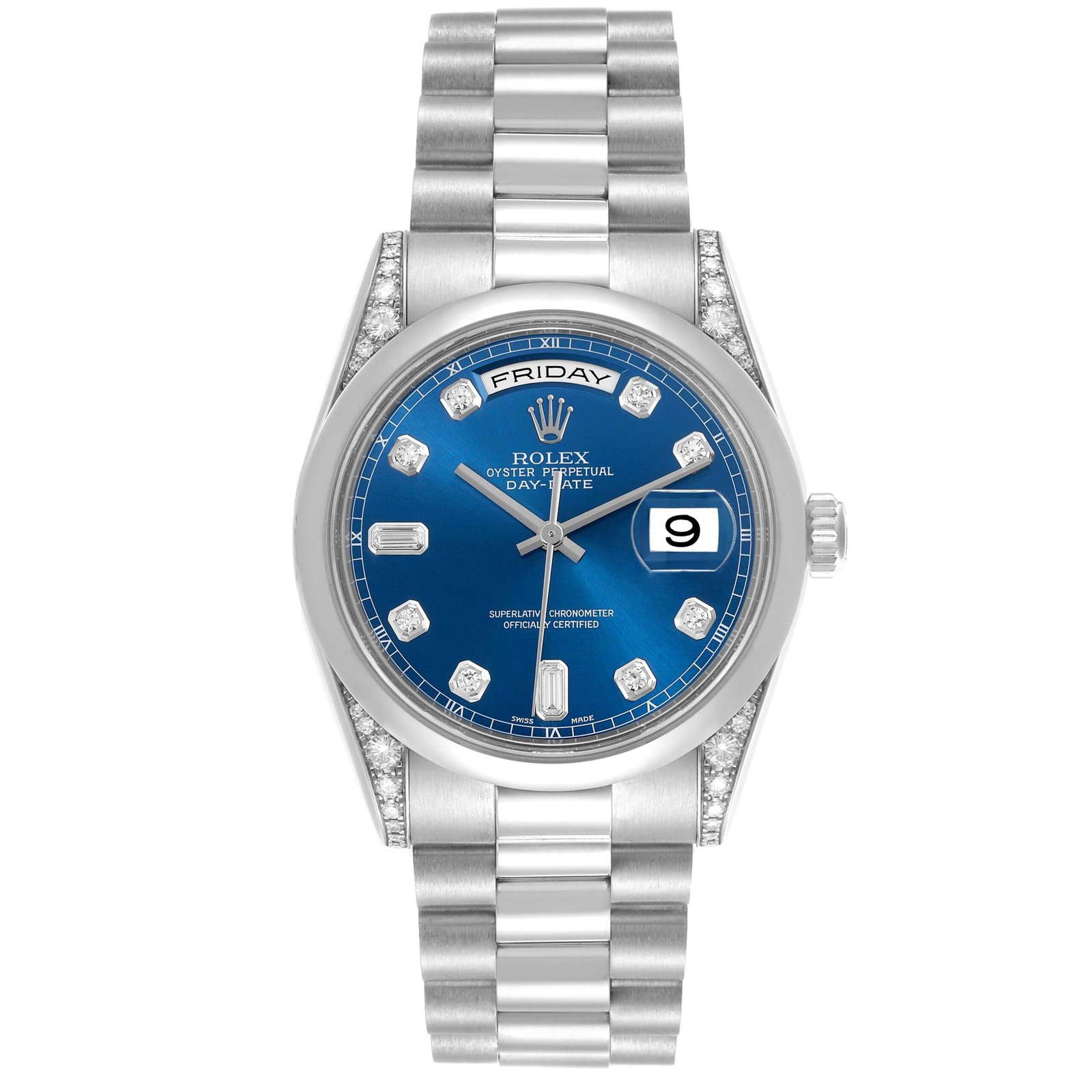 Rolex President Day-Date platine | cadran bleu et diamants